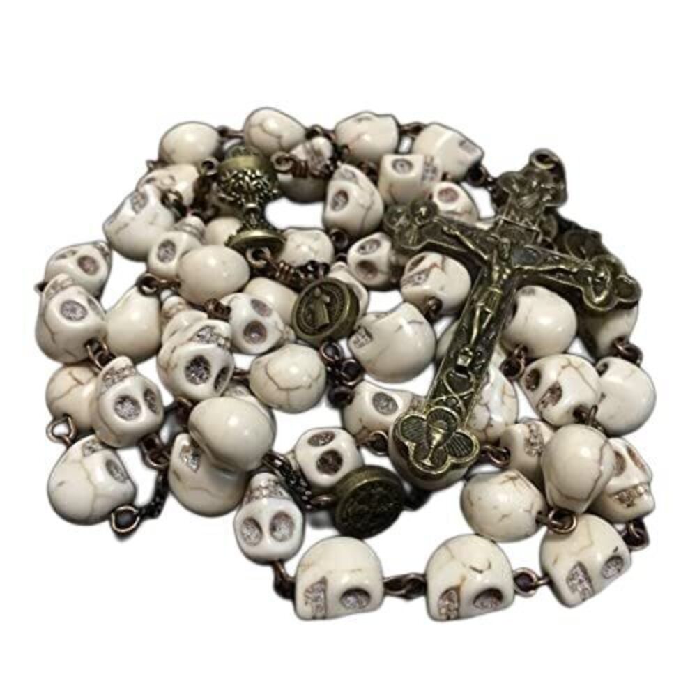 7747 HANDMADE Catholic XL 10MM howlite skull beads Antiqued Rosary Bead